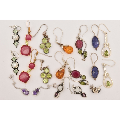 475 - TEN PAIRS OF GEM SET EARRINGS, to include eight pairs of white metal drop earrings, a pair of white ... 