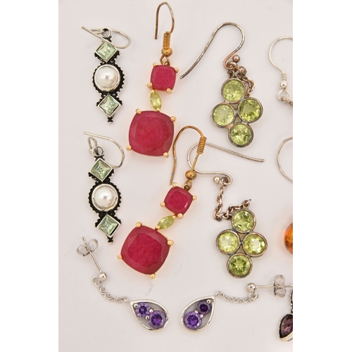 475 - TEN PAIRS OF GEM SET EARRINGS, to include eight pairs of white metal drop earrings, a pair of white ... 