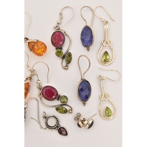475 - TEN PAIRS OF GEM SET EARRINGS, to include eight pairs of white metal drop earrings, a pair of white ... 
