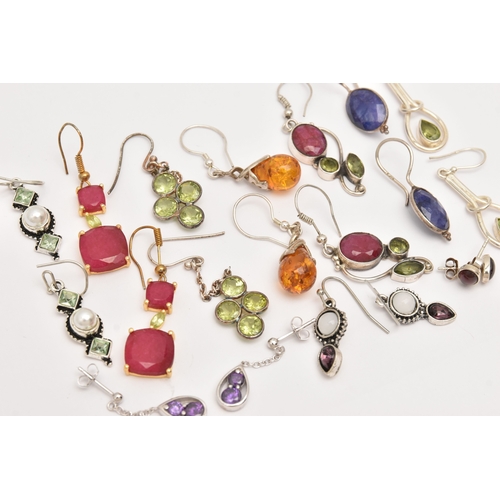 475 - TEN PAIRS OF GEM SET EARRINGS, to include eight pairs of white metal drop earrings, a pair of white ... 