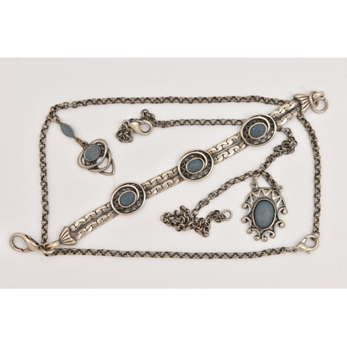 476 - CONTINENTAL WHITE METAL JEWELLERY, to include two necklaces and a bracelet, each set with blue hard ... 