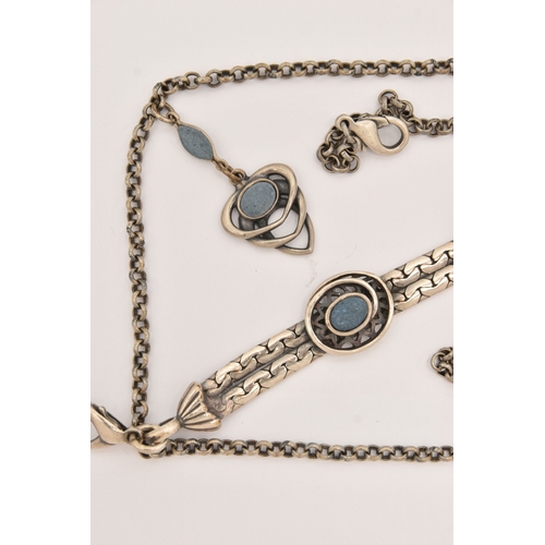 476 - CONTINENTAL WHITE METAL JEWELLERY, to include two necklaces and a bracelet, each set with blue hard ... 