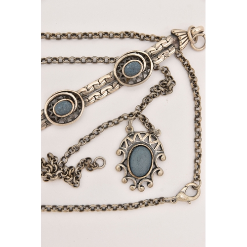 476 - CONTINENTAL WHITE METAL JEWELLERY, to include two necklaces and a bracelet, each set with blue hard ... 