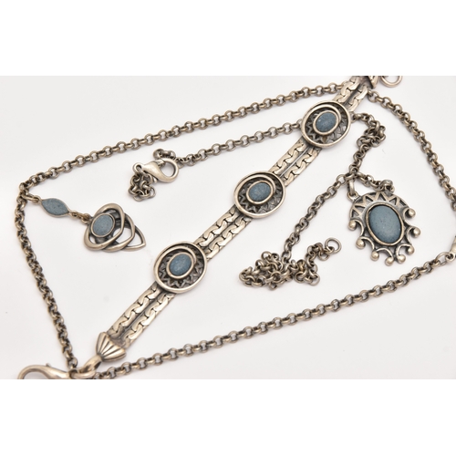 476 - CONTINENTAL WHITE METAL JEWELLERY, to include two necklaces and a bracelet, each set with blue hard ... 