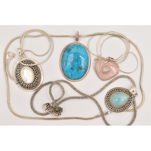 477 - FOUR WHITE METAL GEM SET NECKLACES, large pendants set with assorted stones, to include rose quartz,... 