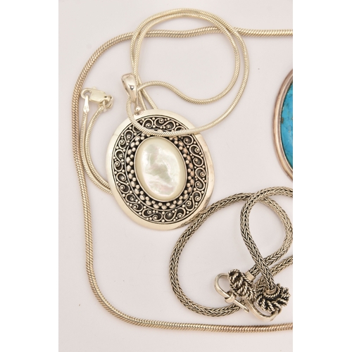 477 - FOUR WHITE METAL GEM SET NECKLACES, large pendants set with assorted stones, to include rose quartz,... 