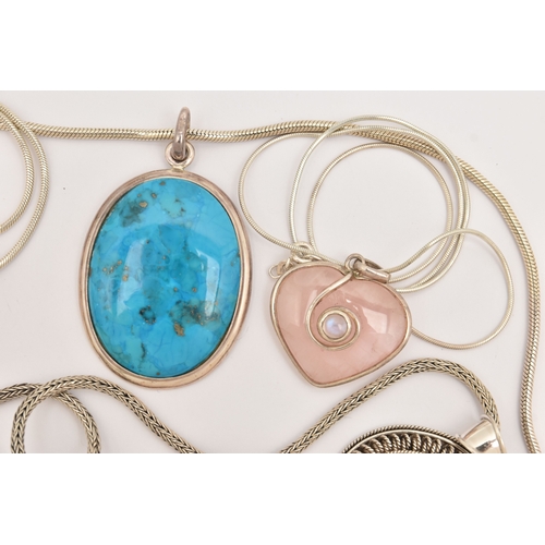 477 - FOUR WHITE METAL GEM SET NECKLACES, large pendants set with assorted stones, to include rose quartz,... 