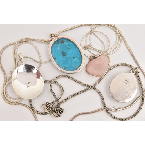477 - FOUR WHITE METAL GEM SET NECKLACES, large pendants set with assorted stones, to include rose quartz,... 
