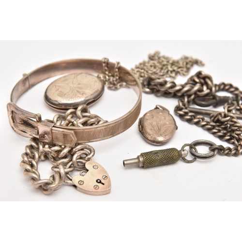 480 - AN ASSORTMENT OF SILVER AND WHITE METAL JEWELLERY, to include a silver buckle bangle, a curb chain b... 