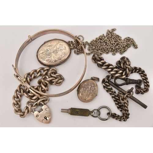 480 - AN ASSORTMENT OF SILVER AND WHITE METAL JEWELLERY, to include a silver buckle bangle, a curb chain b... 