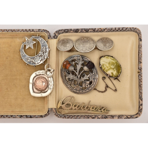 484 - A SMALL BOX OF ASSORTED JEWELLERY, to include a silver fob medal hallmarked Birmingham, a silver cre... 