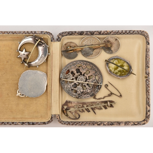484 - A SMALL BOX OF ASSORTED JEWELLERY, to include a silver fob medal hallmarked Birmingham, a silver cre... 