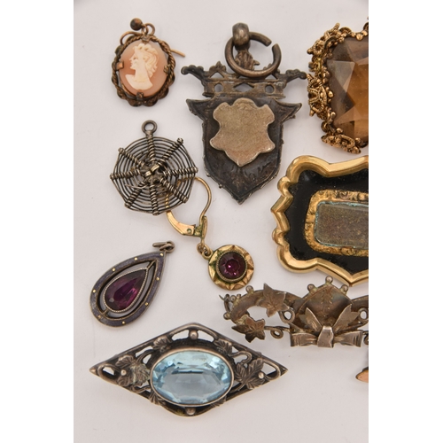 485 - A SMALL BOX OF ASSORTED JEWELLERY, to include a silver fob medal hallmarked Birmingham, a silver swe... 