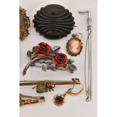 485 - A SMALL BOX OF ASSORTED JEWELLERY, to include a silver fob medal hallmarked Birmingham, a silver swe... 