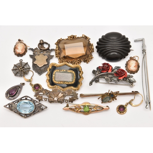 485 - A SMALL BOX OF ASSORTED JEWELLERY, to include a silver fob medal hallmarked Birmingham, a silver swe... 