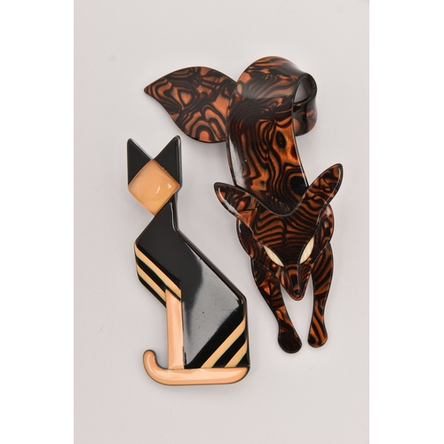 486 - TWO 'LEA STEIN' BROOCHES, the first designed as a black cat, the second a stretching fox, both signe... 