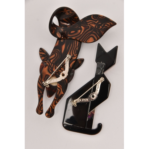 486 - TWO 'LEA STEIN' BROOCHES, the first designed as a black cat, the second a stretching fox, both signe... 