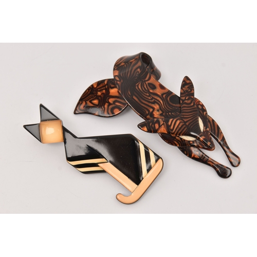 486 - TWO 'LEA STEIN' BROOCHES, the first designed as a black cat, the second a stretching fox, both signe... 