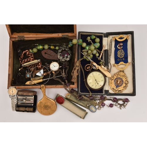 491 - A SMALL WOODEN BOX OF ASSORTED COSTUME JEWELLERY, to include a cased Masonic gilt and enamel medal w... 