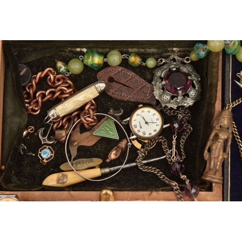 491 - A SMALL WOODEN BOX OF ASSORTED COSTUME JEWELLERY, to include a cased Masonic gilt and enamel medal w... 