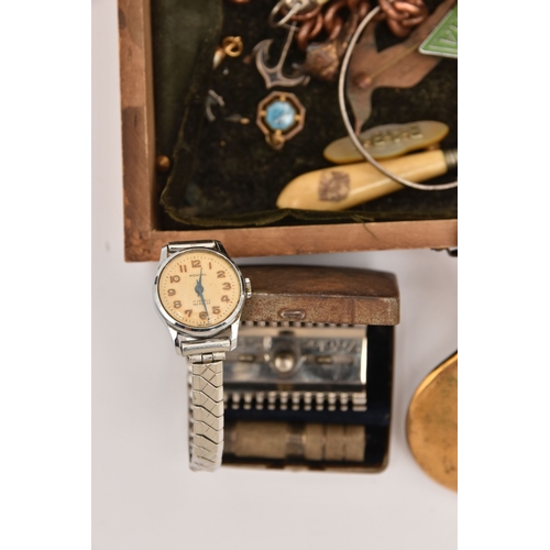 491 - A SMALL WOODEN BOX OF ASSORTED COSTUME JEWELLERY, to include a cased Masonic gilt and enamel medal w... 