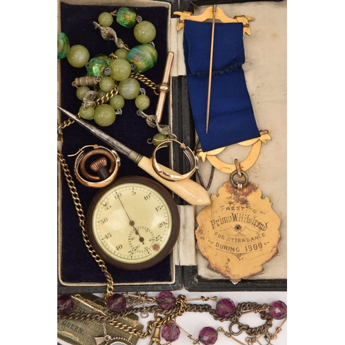 491 - A SMALL WOODEN BOX OF ASSORTED COSTUME JEWELLERY, to include a cased Masonic gilt and enamel medal w... 