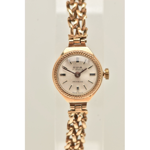 493 - A 9CT GOLD LADIES WRISTWATCH, hand wound movement, round dial signed 'Avia', baton markers, yellow g... 