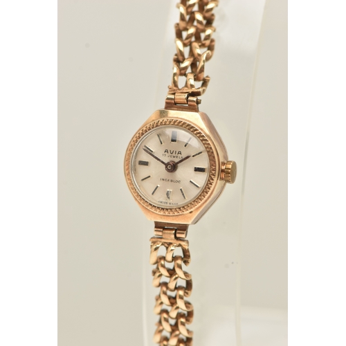 493 - A 9CT GOLD LADIES WRISTWATCH, hand wound movement, round dial signed 'Avia', baton markers, yellow g... 