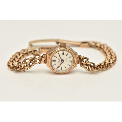 493 - A 9CT GOLD LADIES WRISTWATCH, hand wound movement, round dial signed 'Avia', baton markers, yellow g... 