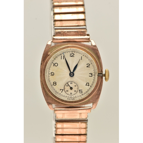 494 - A 9CT GOLD CASED WRISTWATCH, manual wind, round silvered dial with Arabic numerals, subsidiary dial ... 