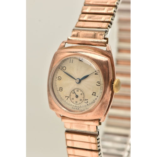 494 - A 9CT GOLD CASED WRISTWATCH, manual wind, round silvered dial with Arabic numerals, subsidiary dial ... 