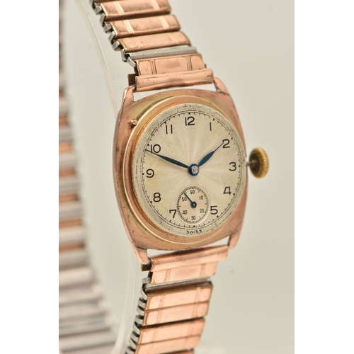 494 - A 9CT GOLD CASED WRISTWATCH, manual wind, round silvered dial with Arabic numerals, subsidiary dial ... 