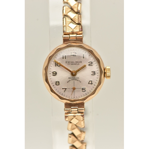 495 - A YELLOW METAL LADIES WRISTWATCH, hand wound movement, round dial signed 'Excalibur', baton markers,... 