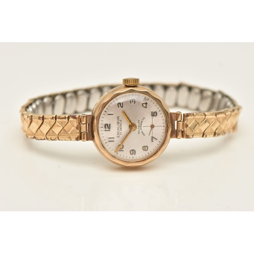 495 - A YELLOW METAL LADIES WRISTWATCH, hand wound movement, round dial signed 'Excalibur', baton markers,... 