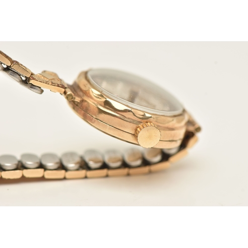 495 - A YELLOW METAL LADIES WRISTWATCH, hand wound movement, round dial signed 'Excalibur', baton markers,... 