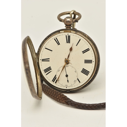 499 - AN EARLY 20TH CENTURY SILVER OPEN FACE POCKET WATCH, key wound, round white Roman numeral dial, subs... 