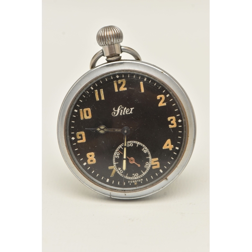 500 - A MILITARY ISSUE OPEN FACE POCKET WATCH, manual wind, round black dial signed 'Siter', Arabic numera... 