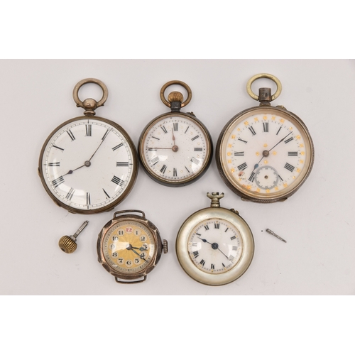 501 - FIVE WATCHES, to include two white metal open face pocket watches one stamped 'Fine Silver' the othe... 