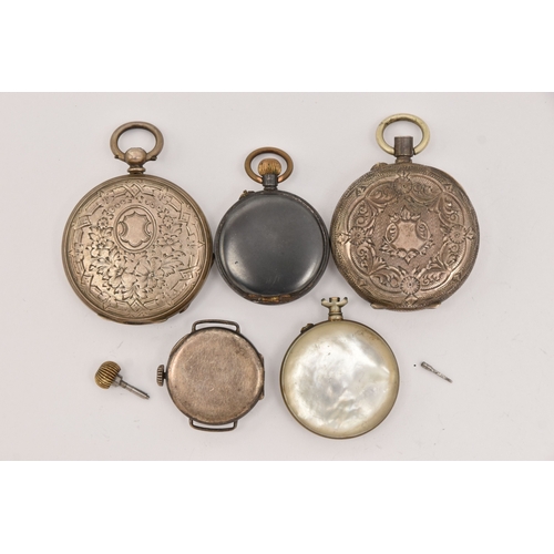 501 - FIVE WATCHES, to include two white metal open face pocket watches one stamped 'Fine Silver' the othe... 
