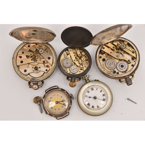 501 - FIVE WATCHES, to include two white metal open face pocket watches one stamped 'Fine Silver' the othe... 