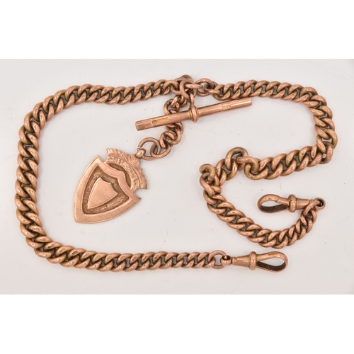 503 - A 9CT ROSE GOLD DOUBLE ALBERT CHAIN WITH FOB MEDAL, graduated curb link chain with links stamped 9.3... 