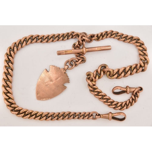 503 - A 9CT ROSE GOLD DOUBLE ALBERT CHAIN WITH FOB MEDAL, graduated curb link chain with links stamped 9.3... 
