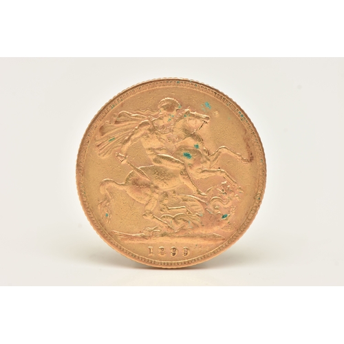 504 - A LATE VICTORIAN FULL GOLD SOVEREIGN COIN, depicting Queen Victoria, dated 1899, approximate diamete... 