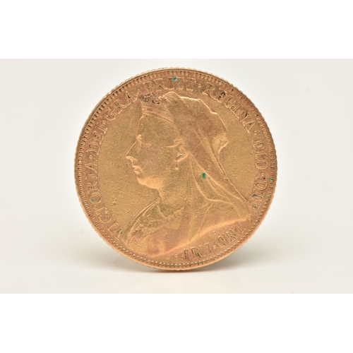 504 - A LATE VICTORIAN FULL GOLD SOVEREIGN COIN, depicting Queen Victoria, dated 1899, approximate diamete... 