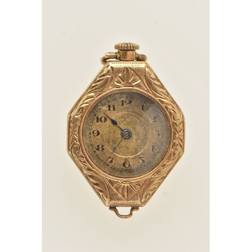 505 - A YELLOW METAL LADIES FOB WATCH, manual wind, round discoloured Arabic numeral dial, blue steel hand... 