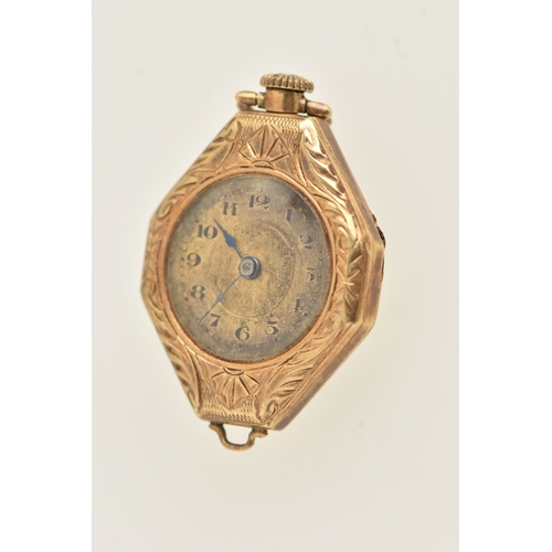 505 - A YELLOW METAL LADIES FOB WATCH, manual wind, round discoloured Arabic numeral dial, blue steel hand... 
