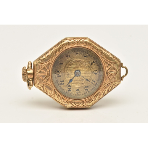 505 - A YELLOW METAL LADIES FOB WATCH, manual wind, round discoloured Arabic numeral dial, blue steel hand... 