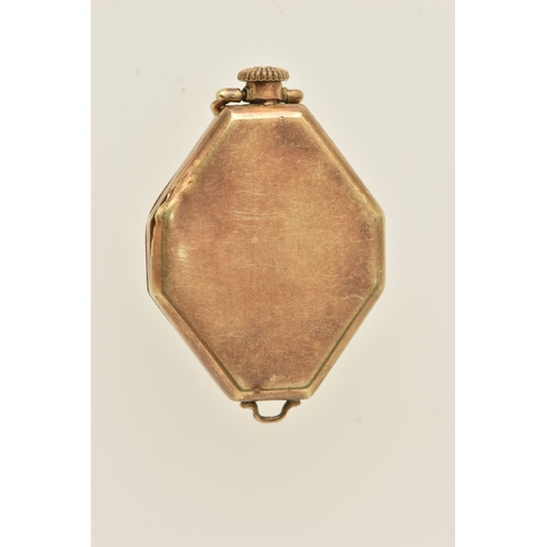 505 - A YELLOW METAL LADIES FOB WATCH, manual wind, round discoloured Arabic numeral dial, blue steel hand... 