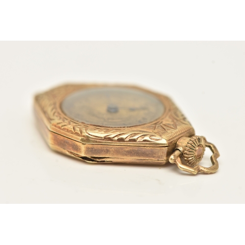 505 - A YELLOW METAL LADIES FOB WATCH, manual wind, round discoloured Arabic numeral dial, blue steel hand... 