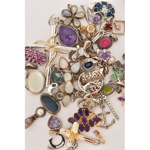 507 - A SMALL BAG OF ASSORTED GEM SET PENDANTS, NECKLACES AND EARRINGS, to include two rainbow moonstone l... 